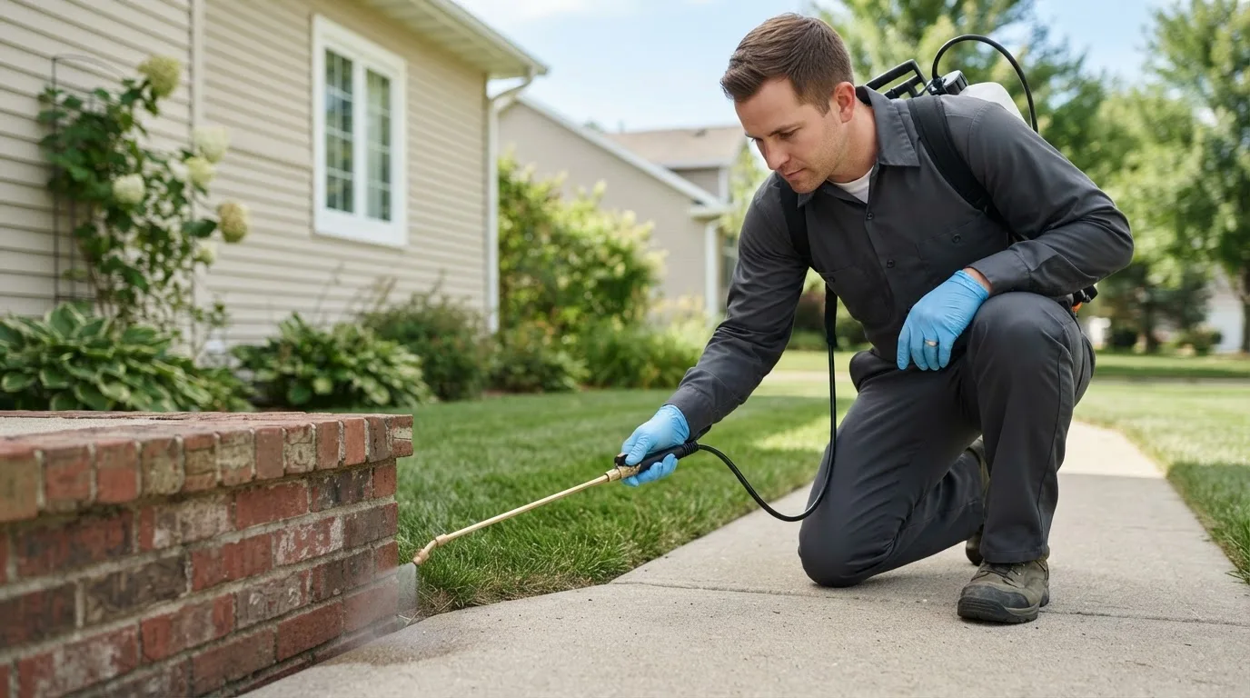 Pest control technician treating a home near Shambaugh, IA