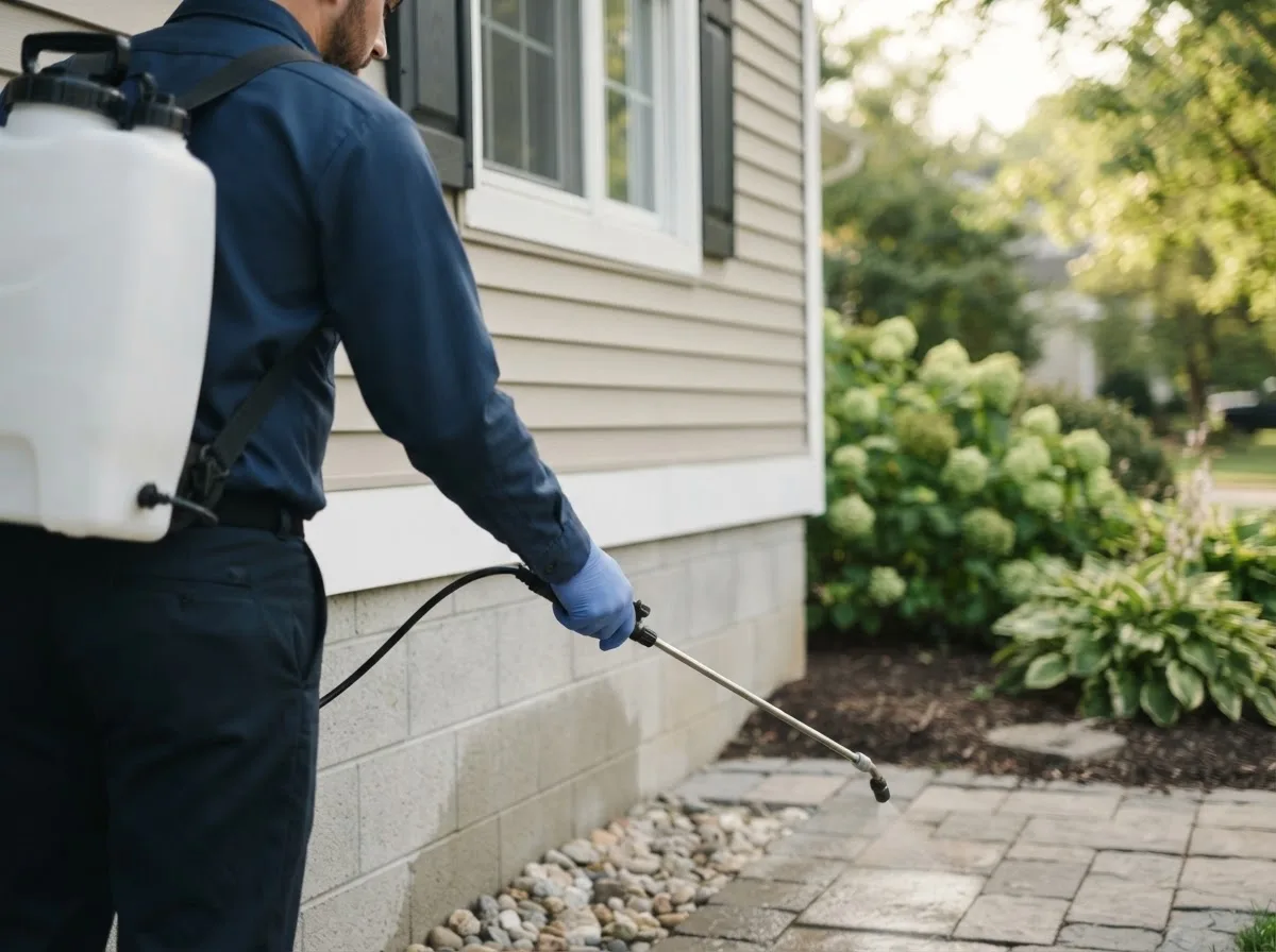 Pest control technician inspecting a home in Shambaugh, IA